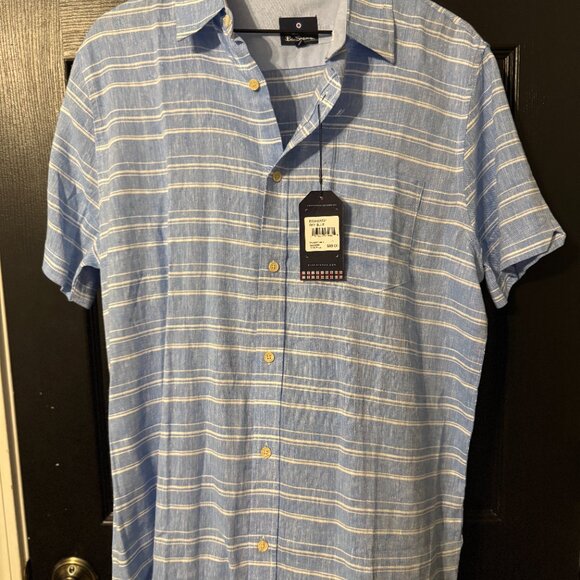 NWT Mens Ben Sherman Linen Blend Blue White Striped Short Sleeve Shirt - Picture 1 of 4
